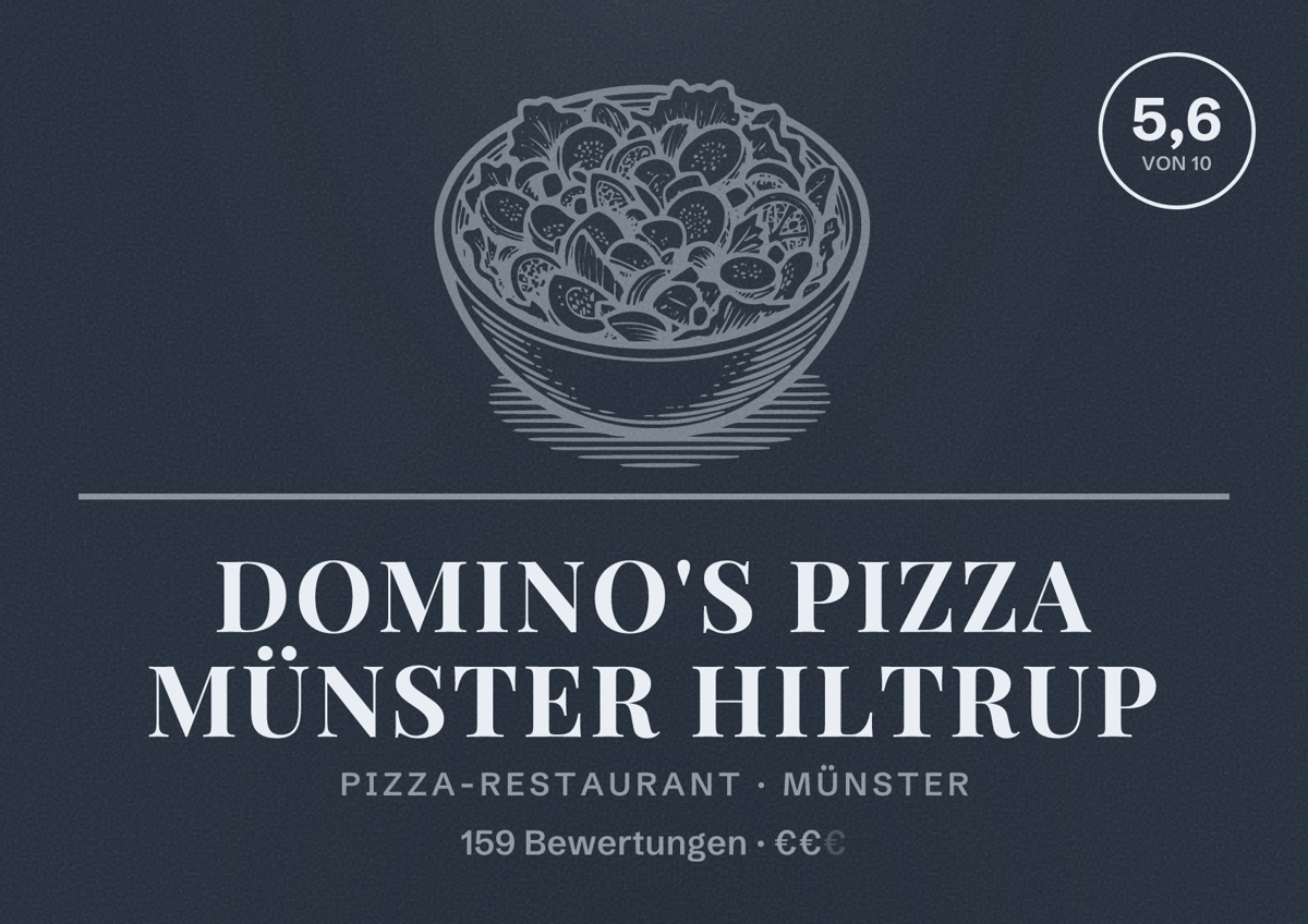 Illustriertes Poster von Domino's Pizza Münster Hiltrup, Pizza-Restaurant in Münster: Bewertung 5,6 von 10 aus 159 Bewertungen, Preisniveau €€