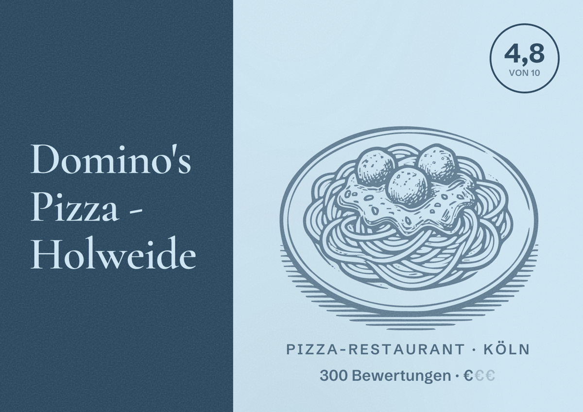 Illustriertes Poster von Domino's Pizza - Holweide, Pizza-Restaurant in Köln: Bewertung 4,8 von 10 aus 300 Bewertungen, Preisniveau €