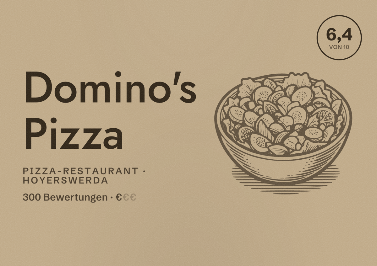 Illustriertes Poster von Domino's Pizza, Pizza-Restaurant in Hoyerswerda: Bewertung 6,4 von 10 aus 300 Bewertungen, Preisniveau €