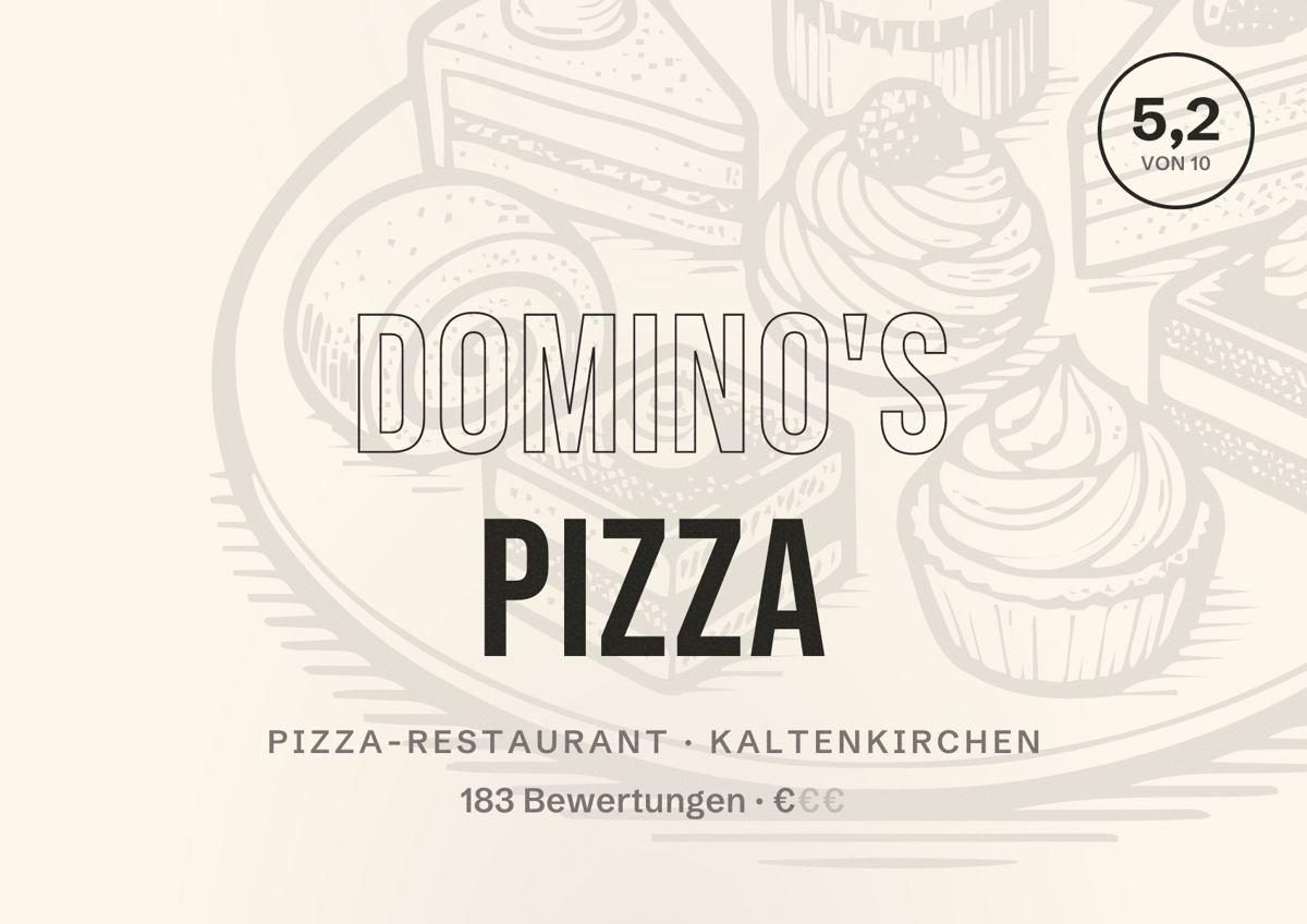 Illustriertes Poster von Domino's Pizza, Pizza-Restaurant in Kaltenkirchen: Bewertung 5,2 von 10 aus 183 Bewertungen, Preisniveau €