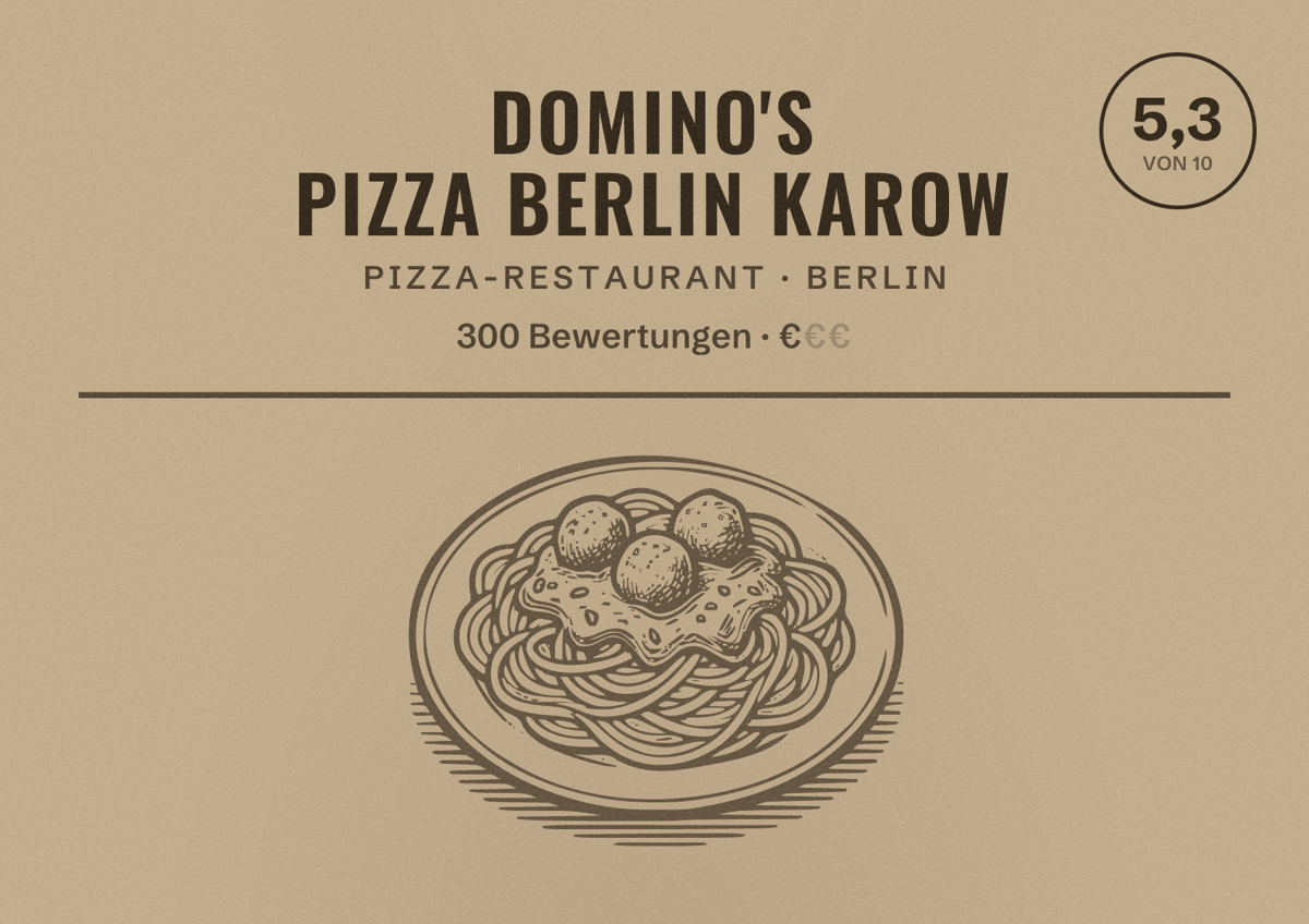 Illustriertes Poster von Domino's Pizza Berlin Karow, Pizza-Restaurant in Berlin: Bewertung 5,3 von 10 aus 300 Bewertungen, Preisniveau €