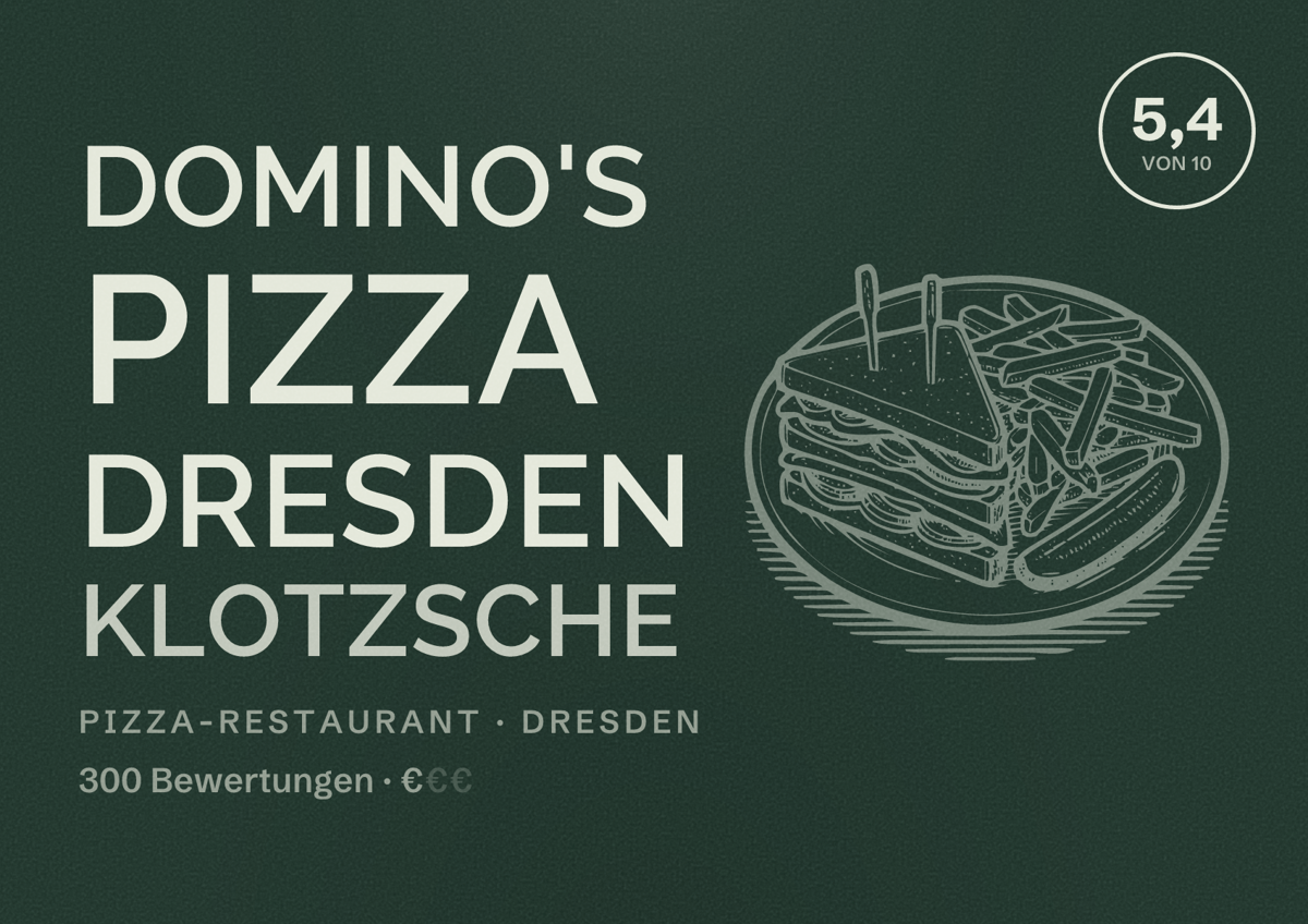 Illustriertes Poster von Domino's Pizza Dresden Klotzsche, Pizza-Restaurant in Dresden: Bewertung 5,4 von 10 aus 300 Bewertungen, Preisniveau €