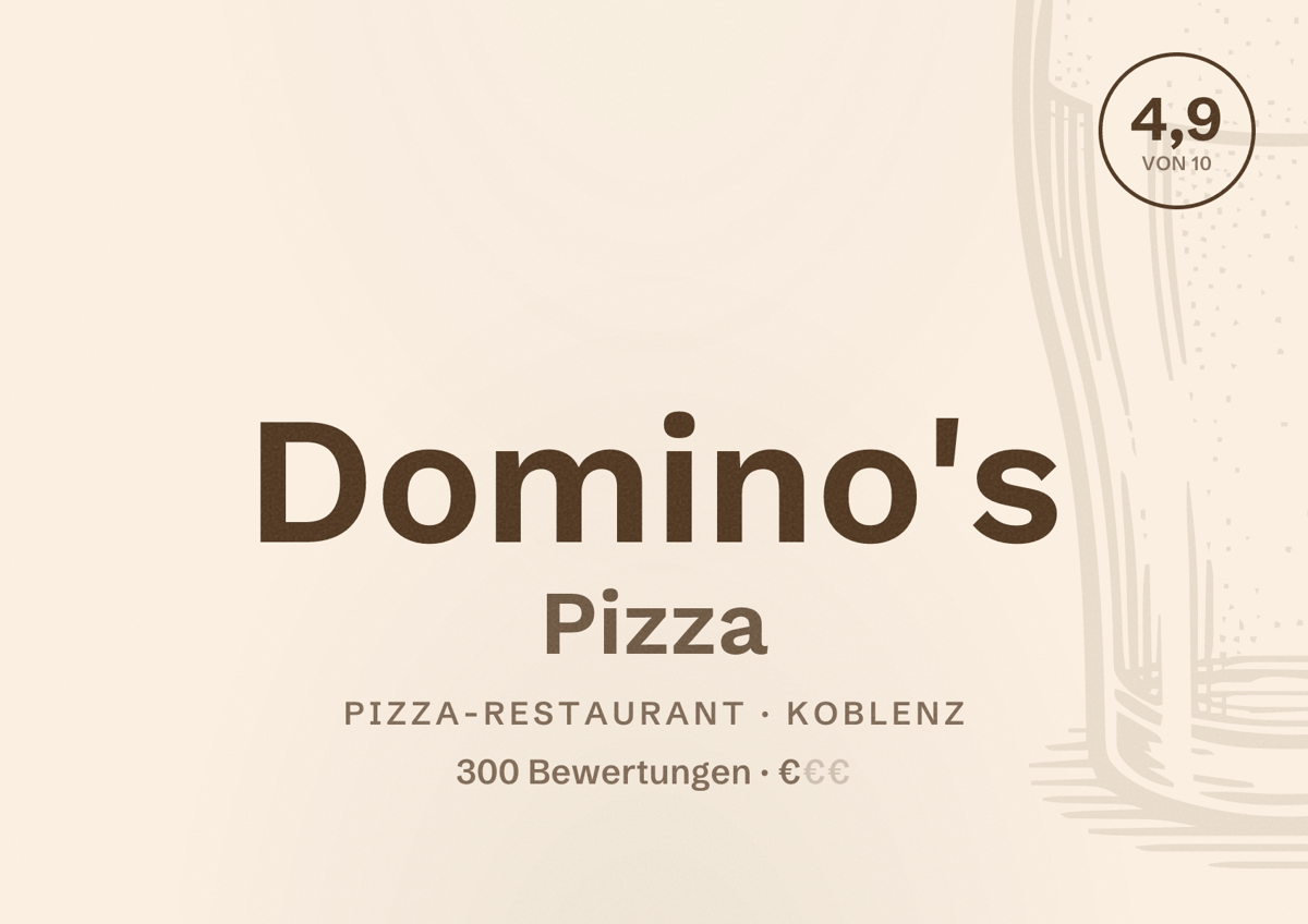 Illustriertes Poster von Domino's Pizza, Pizza-Restaurant in Koblenz: Bewertung 4,9 von 10 aus 300 Bewertungen, Preisniveau €