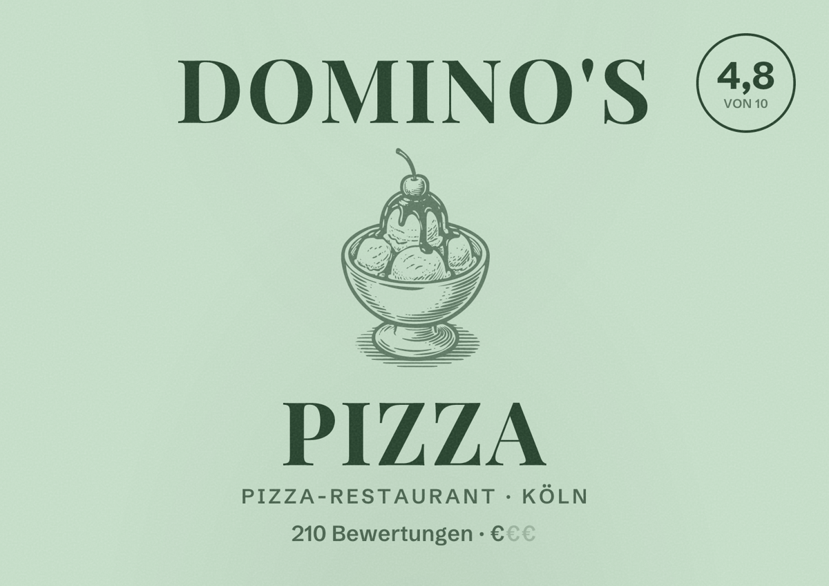 Illustriertes Poster von Domino's Pizza, Pizza-Restaurant in Köln: Bewertung 4,8 von 10 aus 210 Bewertungen, Preisniveau €