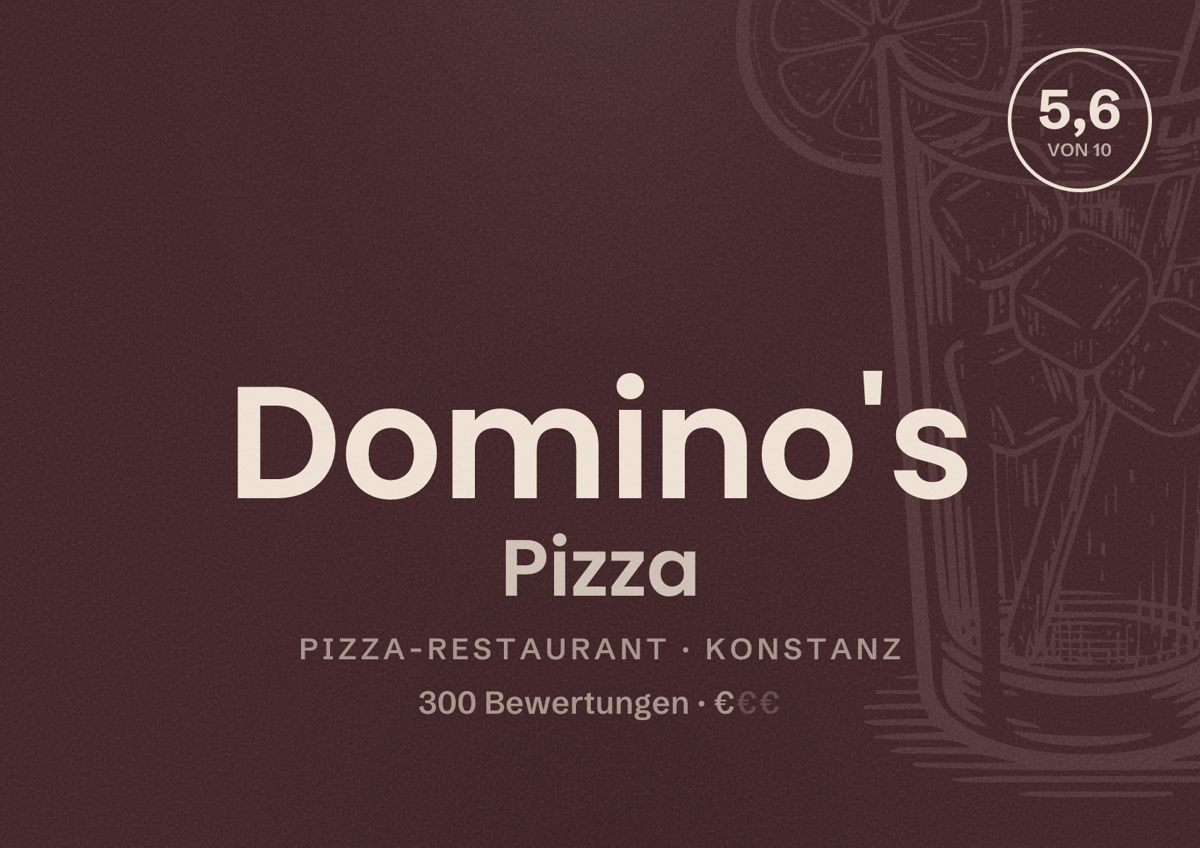 Illustriertes Poster von Domino's Pizza, Pizza-Restaurant in Konstanz: Bewertung 5,6 von 10 aus 300 Bewertungen, Preisniveau €