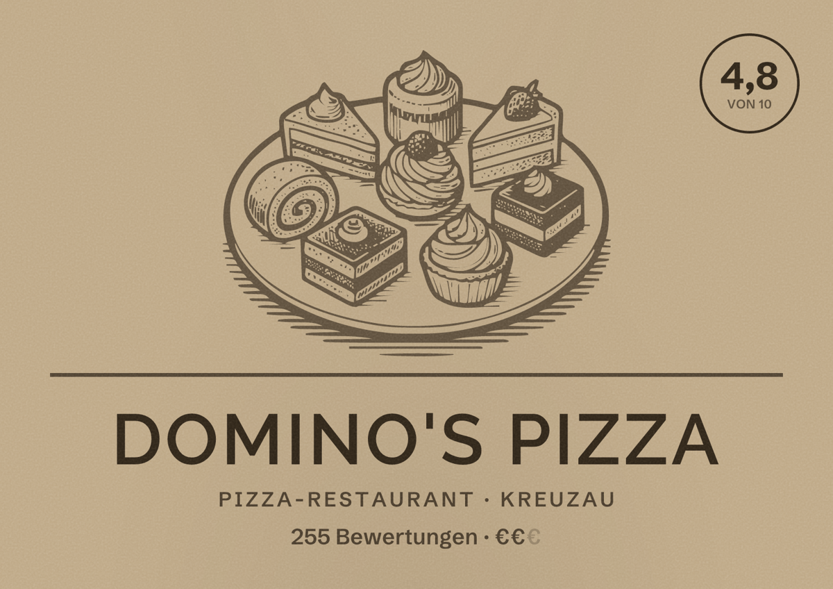 Illustriertes Poster von Domino's Pizza, Pizza-Restaurant in Kreuzau: Bewertung 4,8 von 10 aus 255 Bewertungen, Preisniveau €€