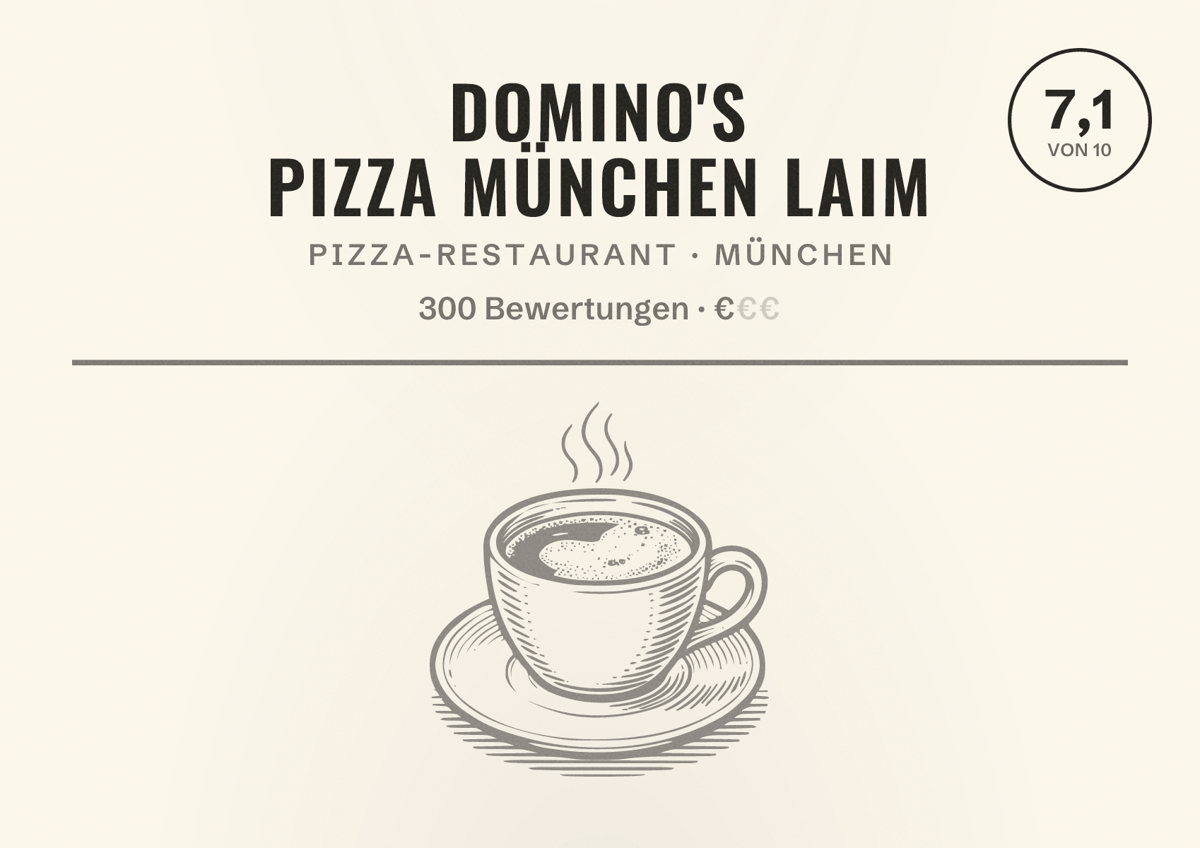 Illustriertes Poster von Domino's Pizza München Laim, Pizza-Restaurant in München: Bewertung 7,1 von 10 aus 300 Bewertungen, Preisniveau €