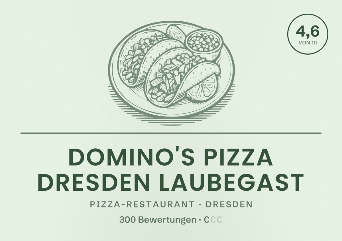 Illustriertes Poster von Domino's Pizza Dresden Laubegast, Pizza-Restaurant in Dresden: Bewertung 4,6 von 10 aus 300 Bewertungen, Preisniveau €