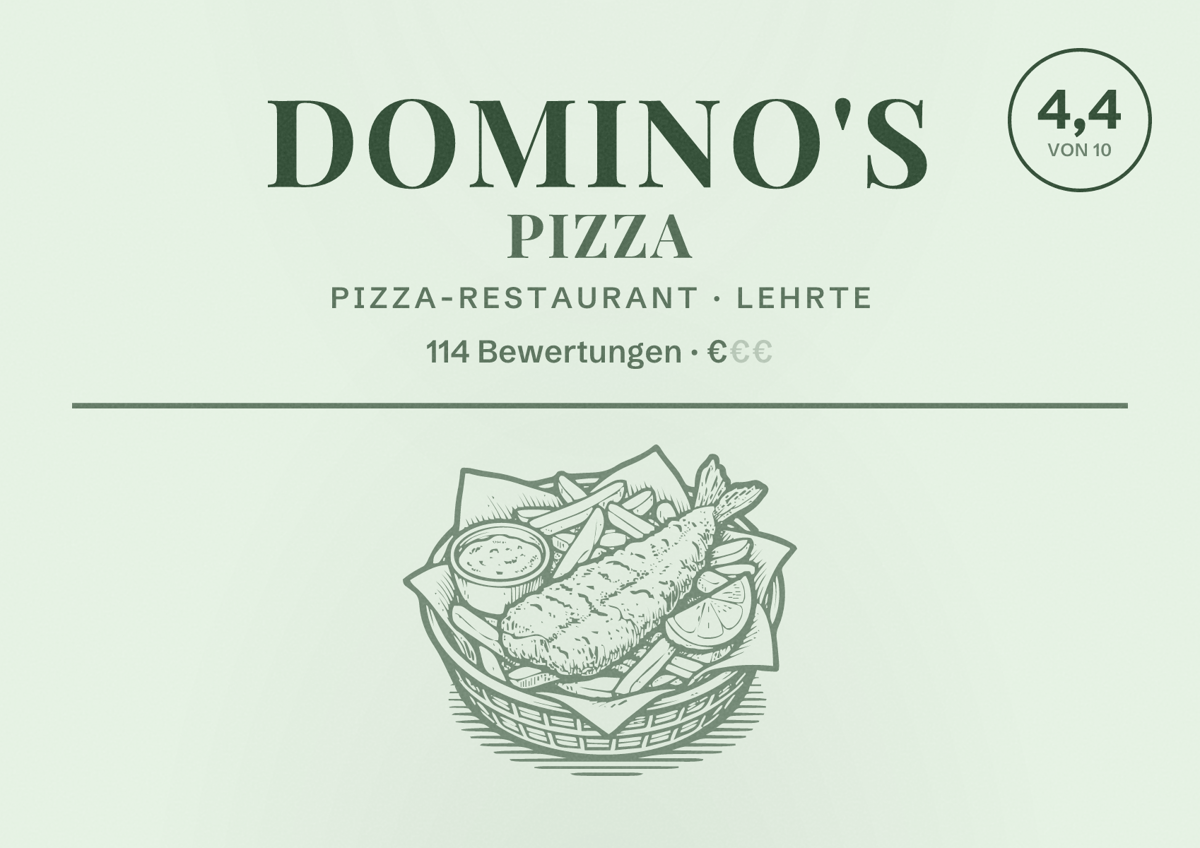 Illustriertes Poster von Domino's Pizza, Pizza-Restaurant in Lehrte: Bewertung 4,4 von 10 aus 114 Bewertungen, Preisniveau €