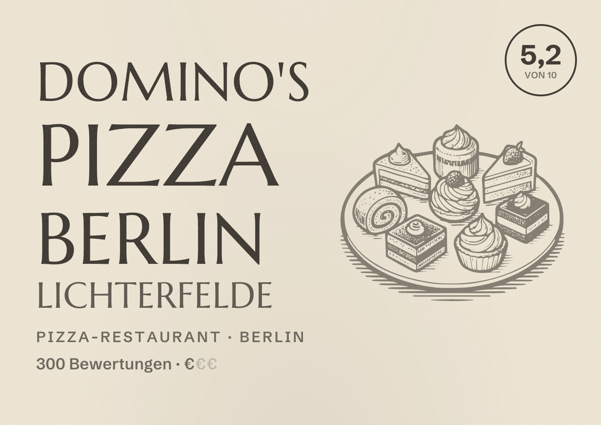 Illustriertes Poster von Domino's Pizza Berlin Lichterfelde, Pizza-Restaurant in Berlin: Bewertung 5,2 von 10 aus 300 Bewertungen, Preisniveau €