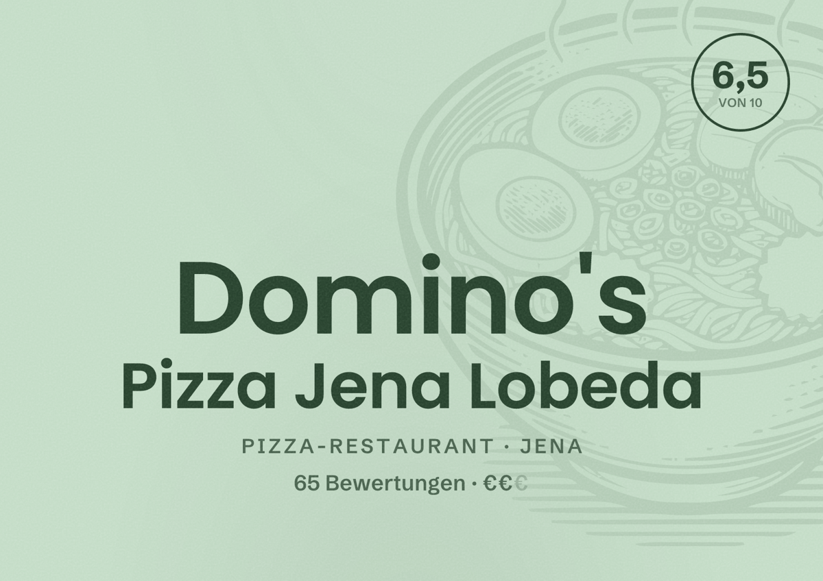 Illustriertes Poster von Domino's Pizza Jena Lobeda, Pizza-Restaurant in Jena: Bewertung 6,5 von 10 aus 65 Bewertungen, Preisniveau €€