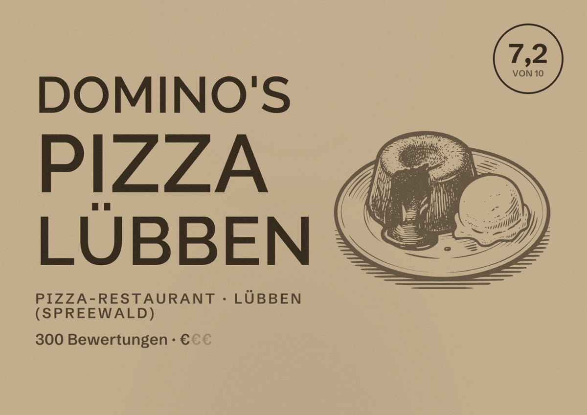 Illustriertes Poster von Domino's Pizza Lübben, Pizza-Restaurant in Lübben (Spreewald): Bewertung 7,2 von 10 aus 300 Bewertungen, Preisniveau €
