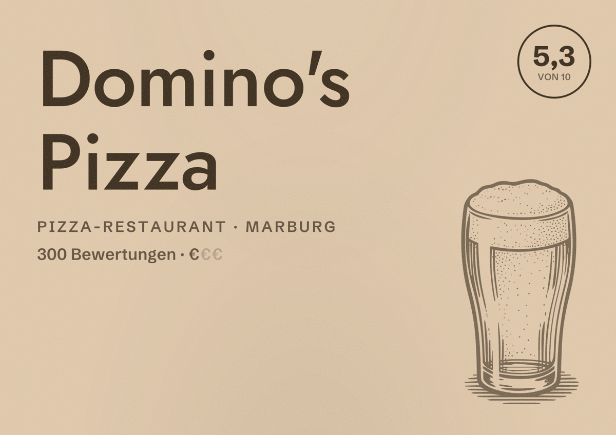 Illustriertes Poster von Domino's Pizza, Pizza-Restaurant in Marburg: Bewertung 5,3 von 10 aus 300 Bewertungen, Preisniveau €