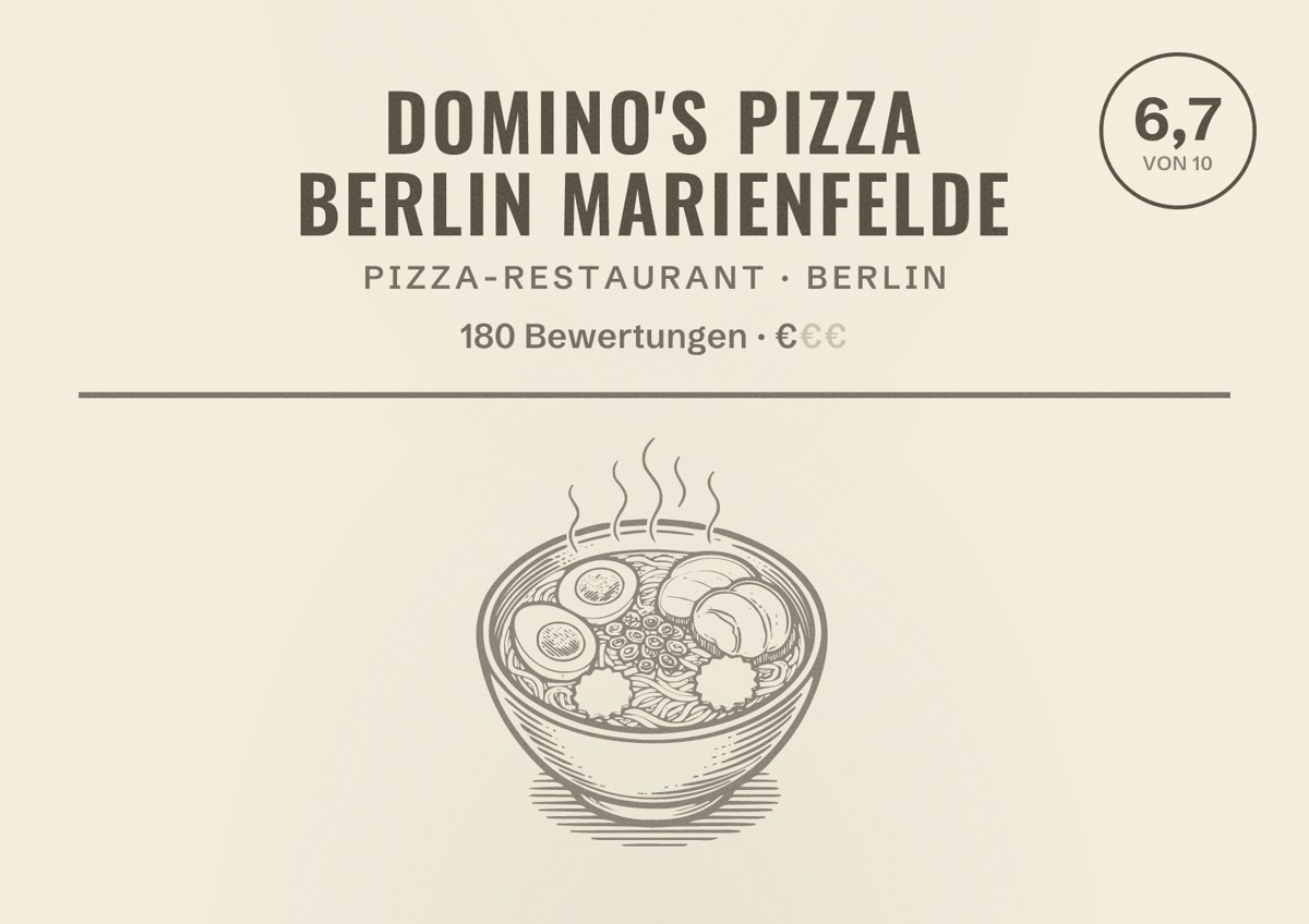 Illustriertes Poster von Domino's Pizza Berlin Marienfelde, Pizza-Restaurant in Berlin: Bewertung 6,7 von 10 aus 180 Bewertungen, Preisniveau €