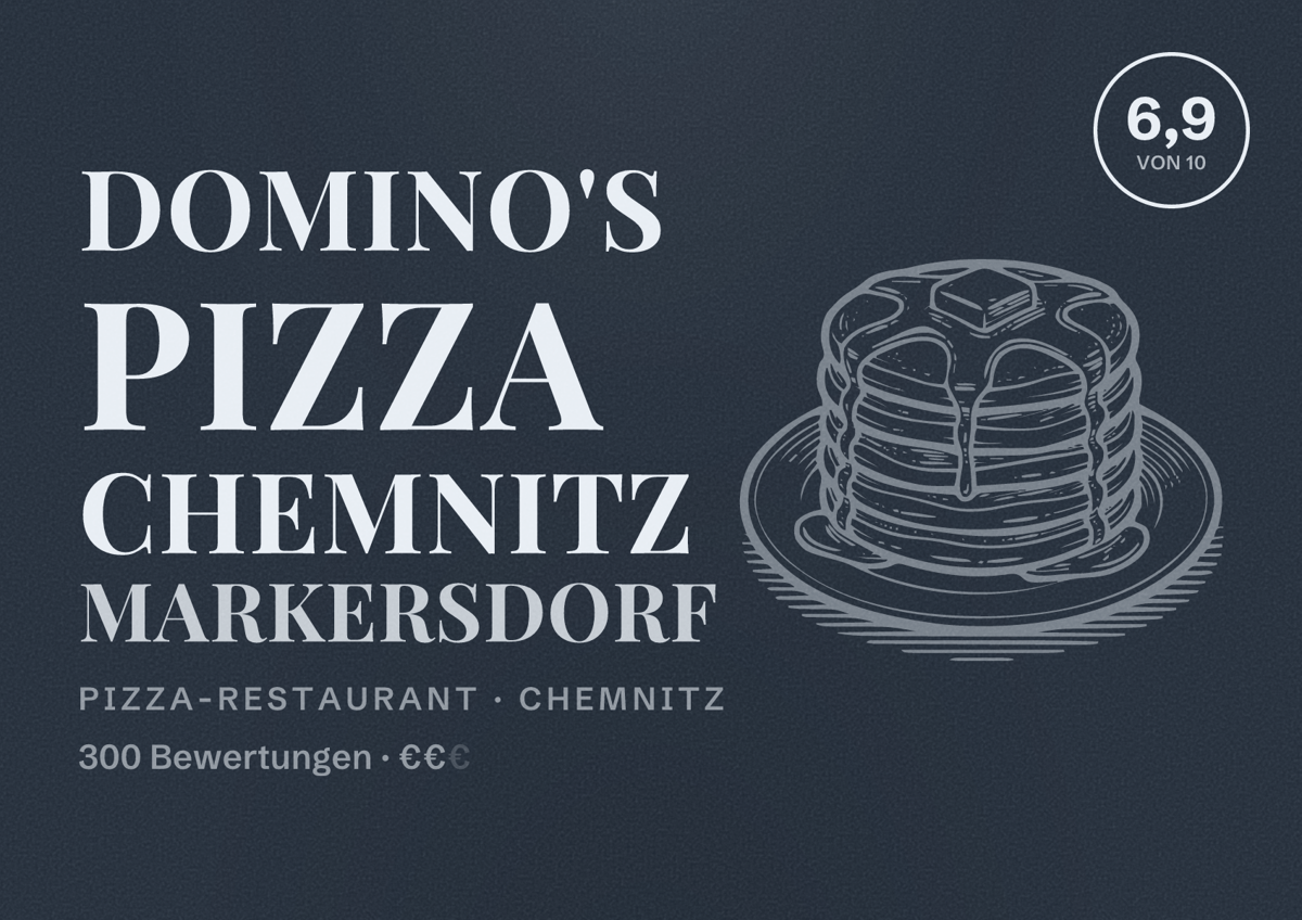 Illustriertes Poster von Domino's Pizza Chemnitz Markersdorf, Pizza-Restaurant in Chemnitz: Bewertung 6,9 von 10 aus 300 Bewertungen, Preisniveau €€