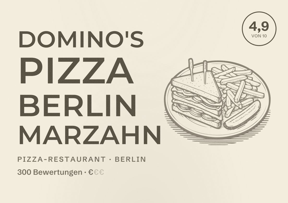Illustriertes Poster von Domino's Pizza Berlin Marzahn, Pizza-Restaurant in Berlin: Bewertung 4,9 von 10 aus 300 Bewertungen, Preisniveau €