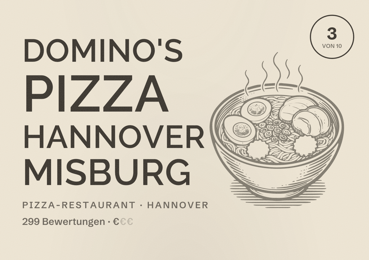 Illustriertes Poster von Domino's Pizza Hannover Misburg, Pizza-Restaurant in Hannover: Bewertung 3,0 von 10 aus 299 Bewertungen, Preisniveau €