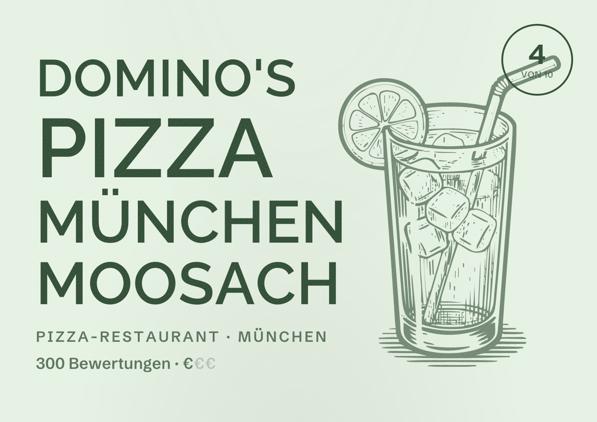 Illustriertes Poster von Domino's Pizza München Moosach, Pizza-Restaurant in München: Bewertung 4 von 10 aus 300 Bewertungen, Preisniveau €