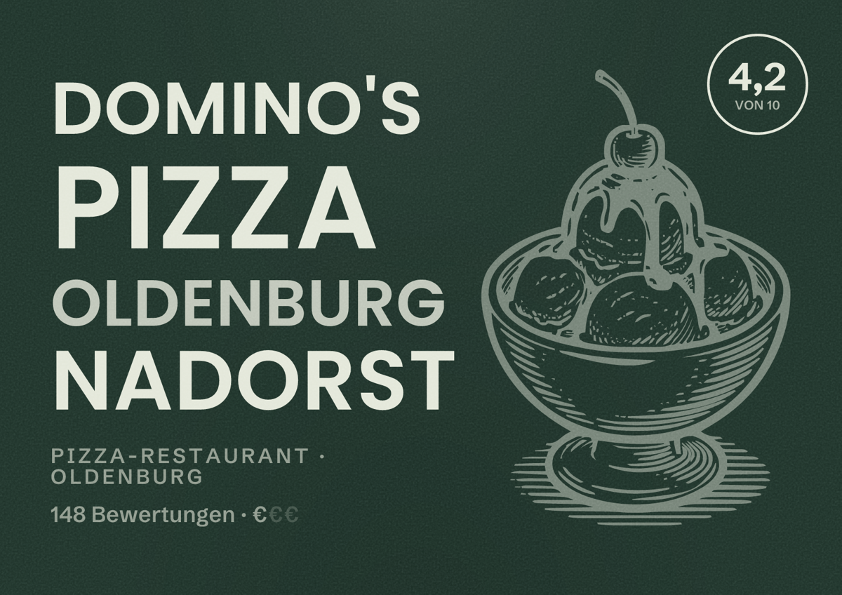 Illustriertes Poster von Domino's Pizza Oldenburg Nadorst, Pizza-Restaurant in Oldenburg: Bewertung 4,2 von 10 aus 148 Bewertungen, Preisniveau €