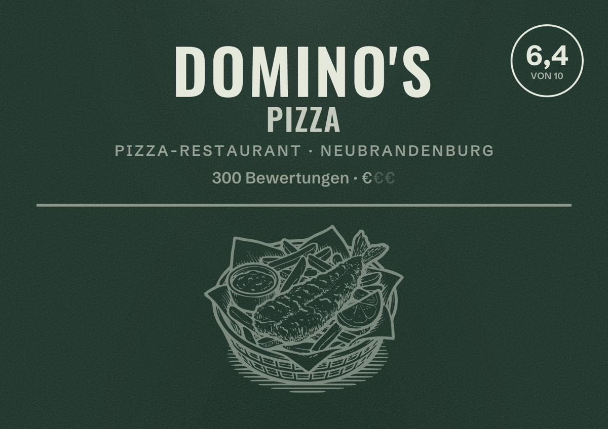 Illustriertes Poster von Domino's Pizza, Pizza-Restaurant in Neubrandenburg: Bewertung 6,4 von 10 aus 300 Bewertungen, Preisniveau €