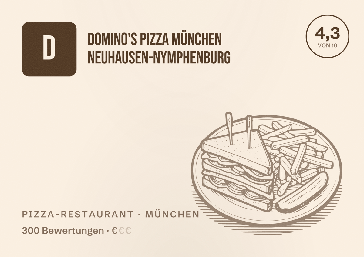 Illustriertes Poster von Domino's Pizza München Neuhausen-Nymphenburg, Pizza-Restaurant in München: Bewertung 4,3 von 10 aus 300 Bewertungen, Preisniveau €