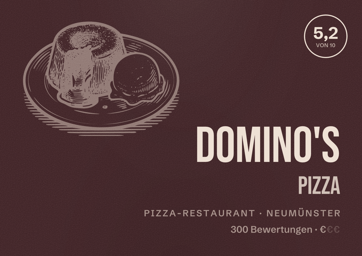 Illustriertes Poster von Domino's Pizza, Pizza-Restaurant in Neumünster: Bewertung 5,2 von 10 aus 300 Bewertungen, Preisniveau €
