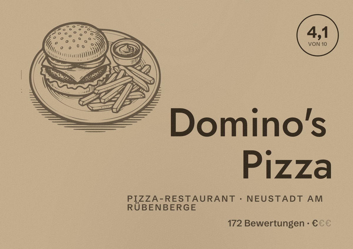 Illustriertes Poster von Domino's Pizza, Pizza-Restaurant in Neustadt am Rübenberge: Bewertung 4,1 von 10 aus 172 Bewertungen, Preisniveau €