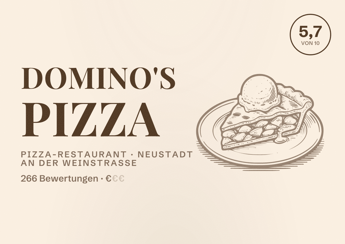 Illustriertes Poster von Domino's Pizza, Pizza-Restaurant in Neustadt an der Weinstraße: Bewertung 5,7 von 10 aus 266 Bewertungen, Preisniveau €