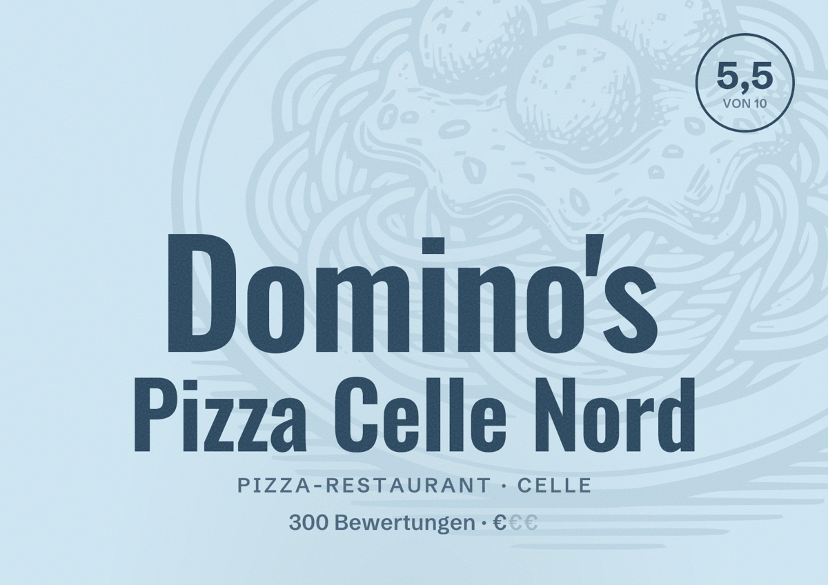 Illustriertes Poster von Domino's Pizza Celle Nord, Pizza-Restaurant in Celle: Bewertung 5,5 von 10 aus 300 Bewertungen, Preisniveau €