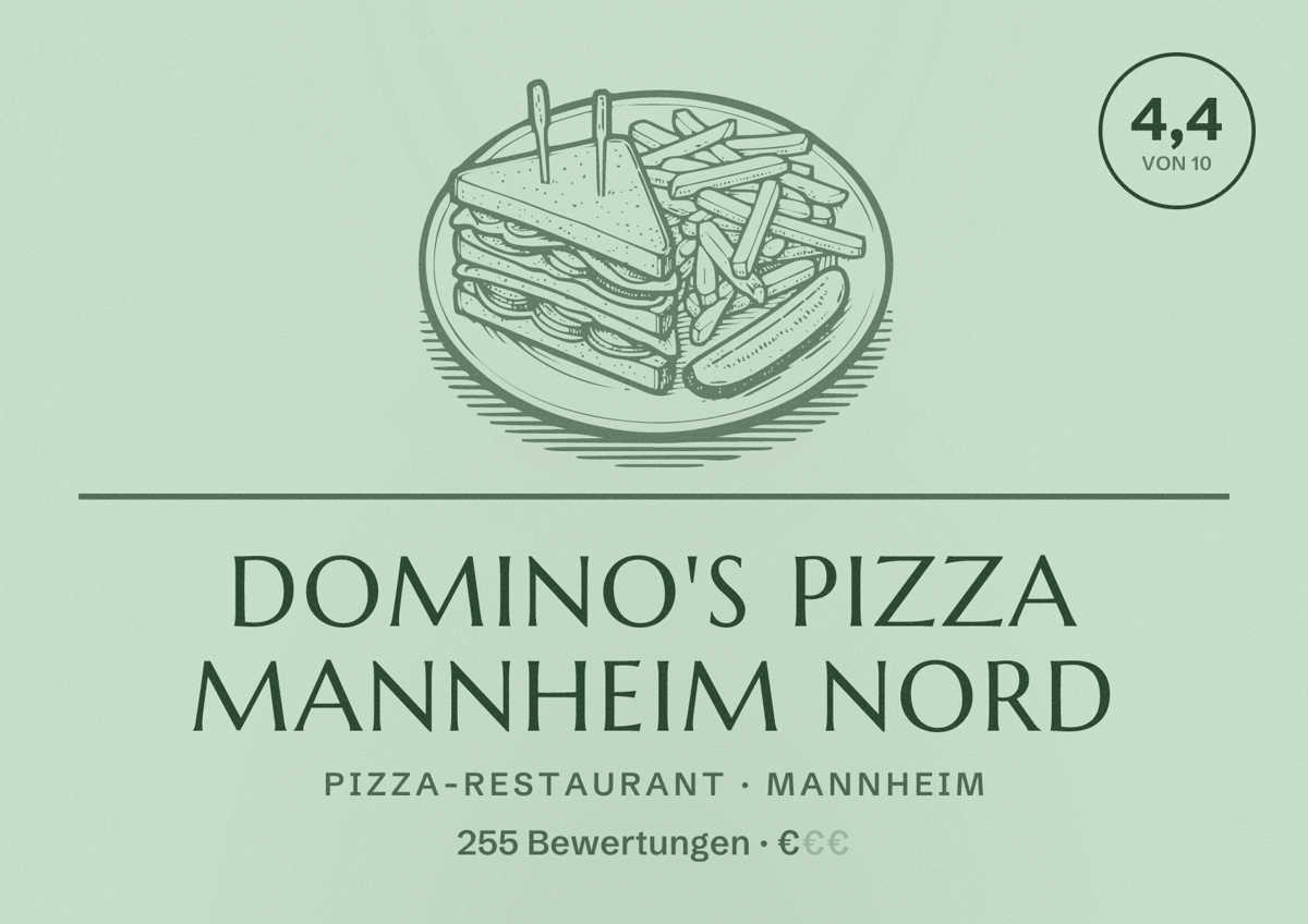 Illustriertes Poster von Domino's Pizza Mannheim Nord, Pizza-Restaurant in Mannheim: Bewertung 4,4 von 10 aus 255 Bewertungen, Preisniveau €