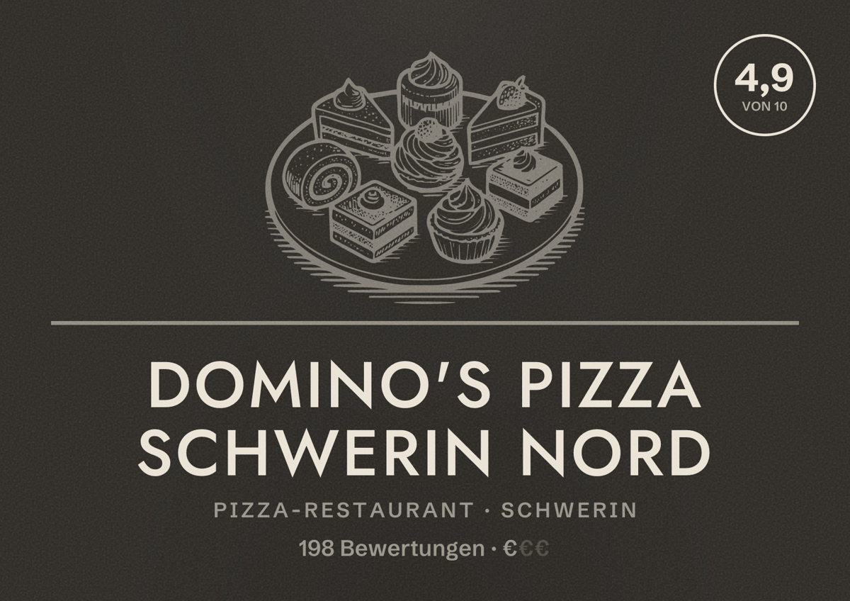 Illustriertes Poster von Domino's Pizza Schwerin Nord, Pizza-Restaurant in Schwerin: Bewertung 4,9 von 10 aus 198 Bewertungen, Preisniveau €