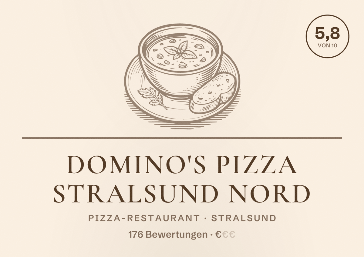 Illustriertes Poster von Domino's Pizza Stralsund Nord, Pizza-Restaurant in Stralsund: Bewertung 5,8 von 10 aus 176 Bewertungen, Preisniveau €