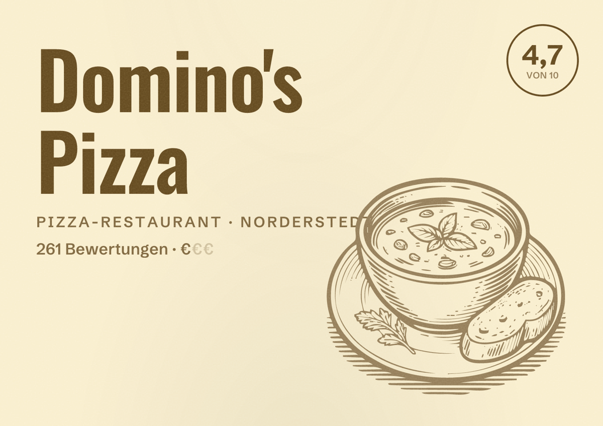 Illustriertes Poster von Domino's Pizza, Pizza-Restaurant in Norderstedt: Bewertung 4,7 von 10 aus 261 Bewertungen, Preisniveau €