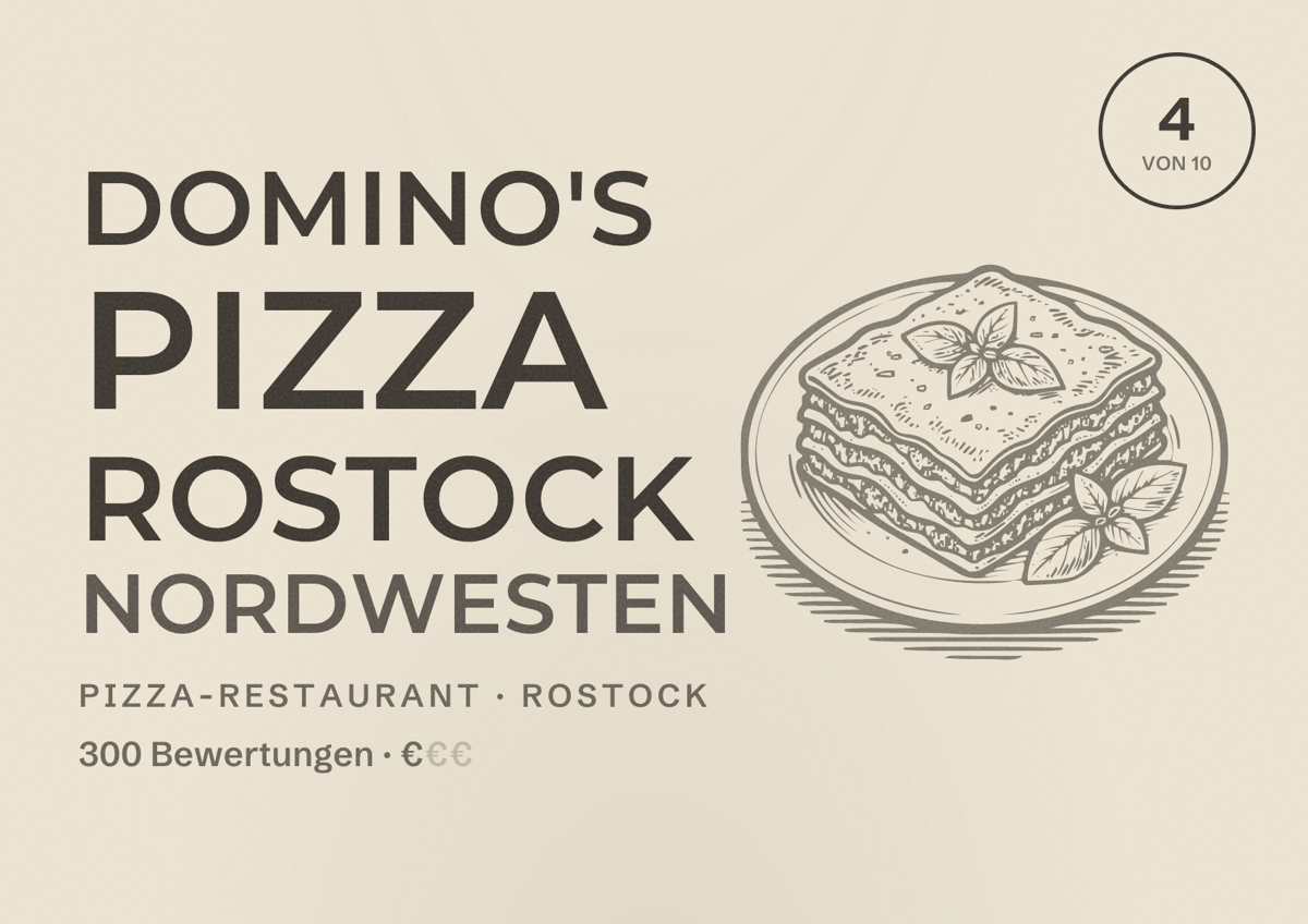 Illustriertes Poster von Domino's Pizza Rostock Nordwesten, Pizza-Restaurant in Rostock: Bewertung 4 von 10 aus 300 Bewertungen, Preisniveau €