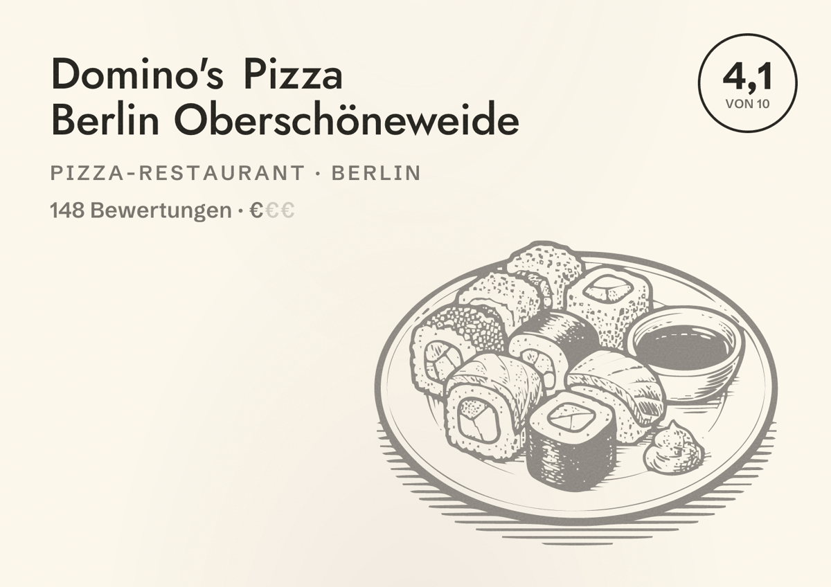 Illustriertes Poster von Domino's Pizza Berlin Oberschöneweide, Pizza-Restaurant in Berlin: Bewertung 4,1 von 10 aus 148 Bewertungen, Preisniveau €