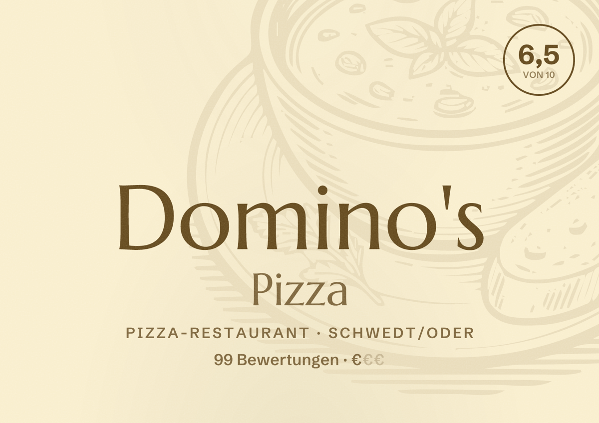 Illustriertes Poster von Domino's Pizza, Pizza-Restaurant in Schwedt/Oder: Bewertung 6,5 von 10 aus 99 Bewertungen, Preisniveau €