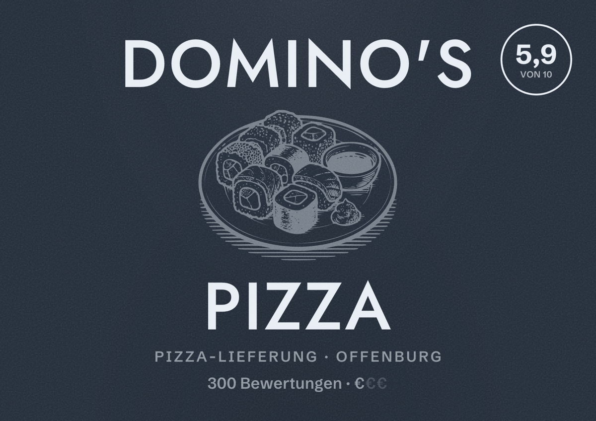 Illustriertes Poster von Domino's Pizza, Pizza-Lieferung in Offenburg: Bewertung 5,9 von 10 aus 300 Bewertungen, Preisniveau €