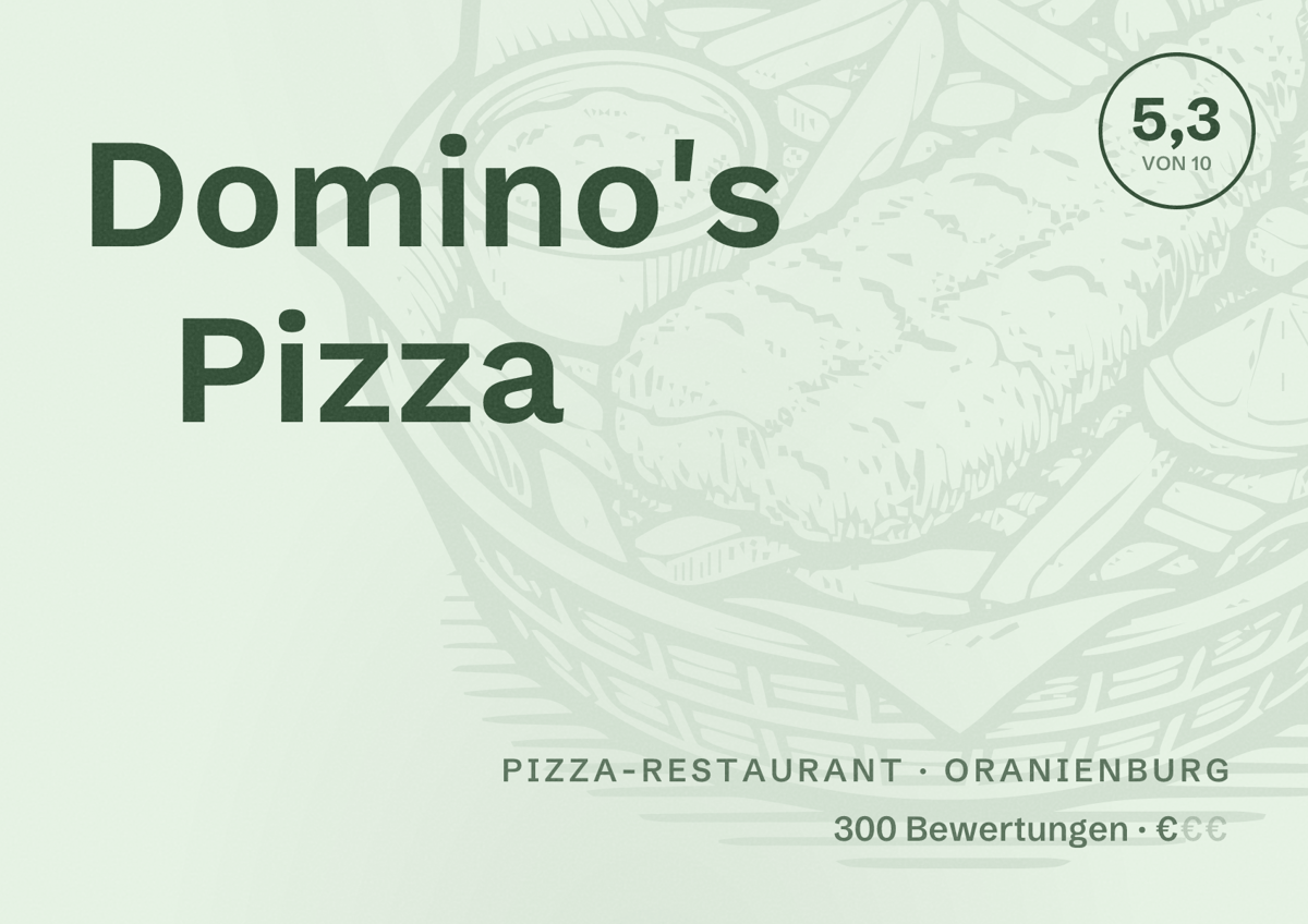 Illustriertes Poster von Domino's Pizza, Pizza-Restaurant in Oranienburg: Bewertung 5,3 von 10 aus 300 Bewertungen, Preisniveau €
