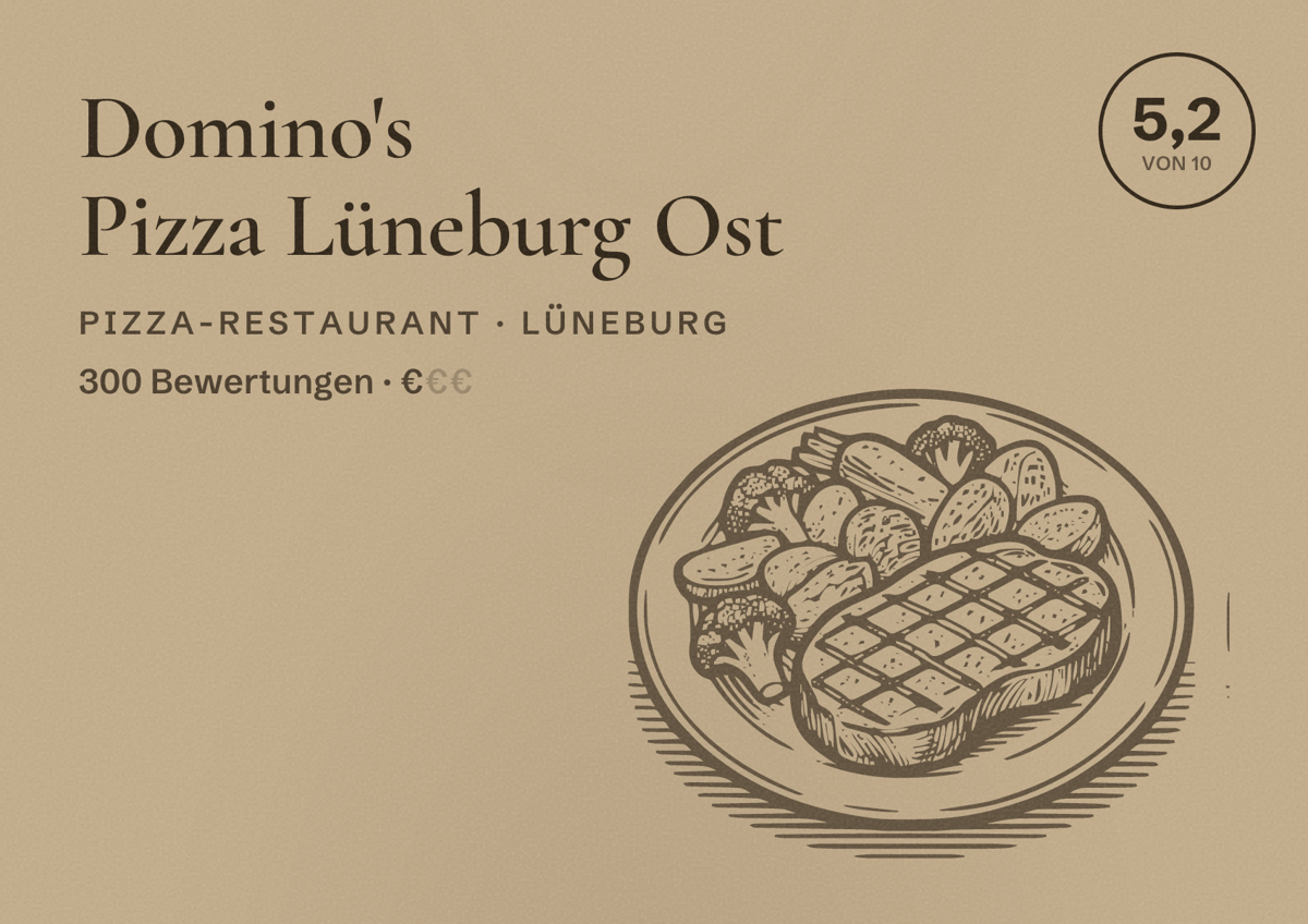 Illustriertes Poster von Domino's Pizza Lüneburg Ost, Pizza-Restaurant in Lüneburg: Bewertung 5,2 von 10 aus 300 Bewertungen, Preisniveau €