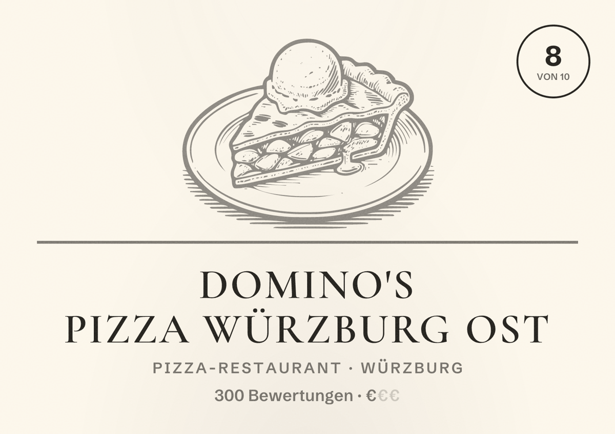 Illustriertes Poster von Domino's Pizza Würzburg Ost, Pizza-Restaurant in Würzburg: Bewertung 8 von 10 aus 300 Bewertungen, Preisniveau €