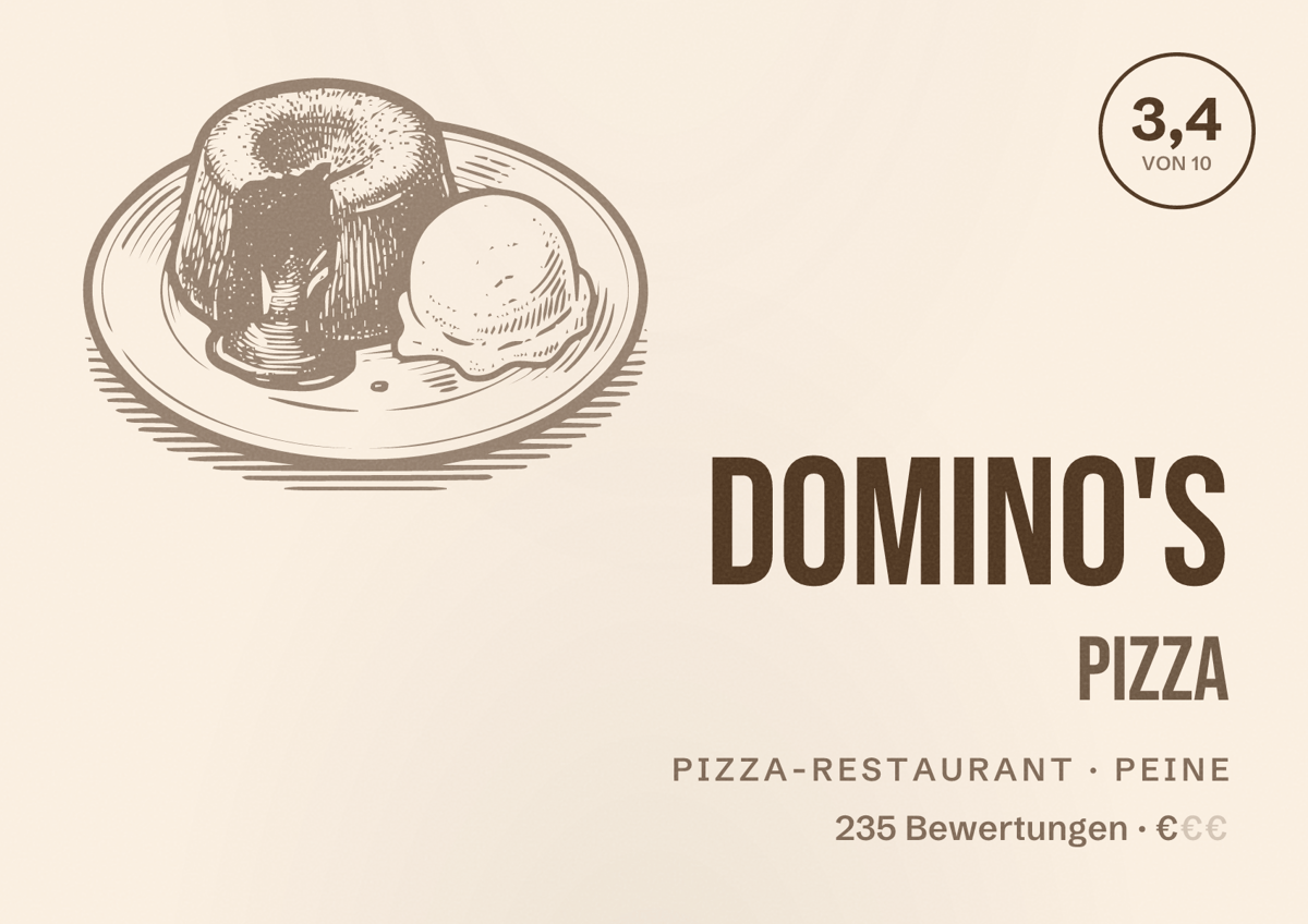 Illustriertes Poster von Domino's Pizza, Pizza-Restaurant in Peine: Bewertung 3,4 von 10 aus 235 Bewertungen, Preisniveau €