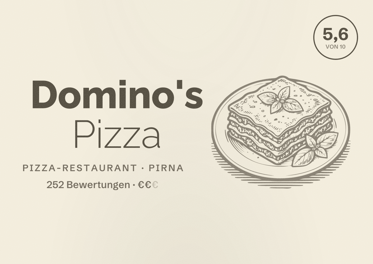 Illustriertes Poster von Domino's Pizza, Pizza-Restaurant in Pirna: Bewertung 5,6 von 10 aus 252 Bewertungen, Preisniveau €€