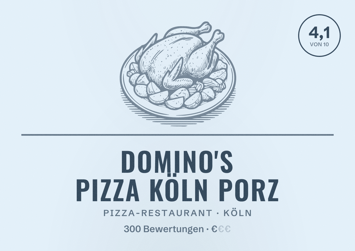 Illustriertes Poster von Domino's Pizza Köln Porz, Pizza-Restaurant in Köln: Bewertung 4,1 von 10 aus 300 Bewertungen, Preisniveau €