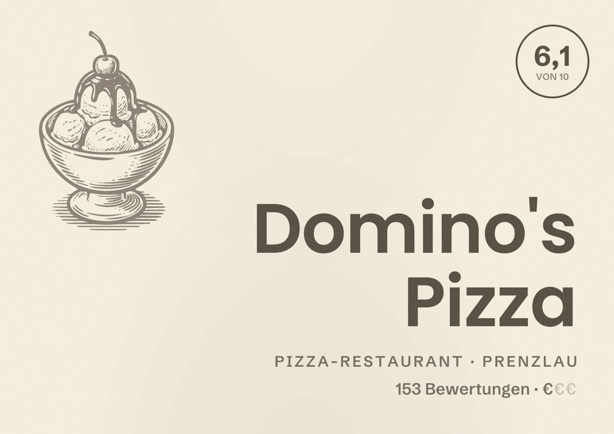 Illustriertes Poster von Domino's Pizza, Pizza-Restaurant in Prenzlau: Bewertung 6,1 von 10 aus 153 Bewertungen, Preisniveau €