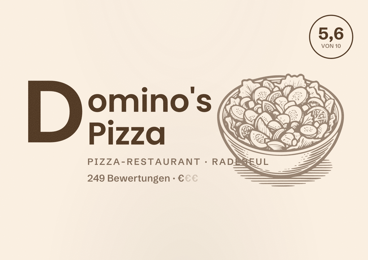 Illustriertes Poster von Domino's Pizza, Pizza-Restaurant in Radebeul: Bewertung 5,6 von 10 aus 249 Bewertungen, Preisniveau €