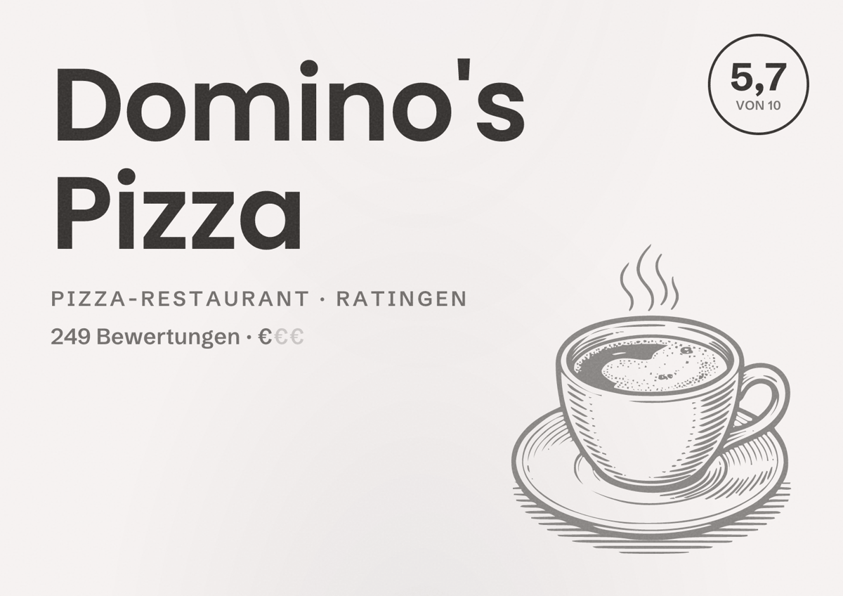 Illustriertes Poster von Domino's Pizza, Pizza-Restaurant in Ratingen: Bewertung 5,7 von 10 aus 249 Bewertungen, Preisniveau €