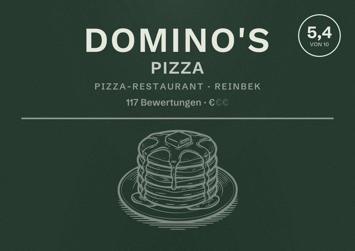 Illustriertes Poster von Domino's Pizza, Pizza-Restaurant in Reinbek: Bewertung 5,4 von 10 aus 117 Bewertungen, Preisniveau €