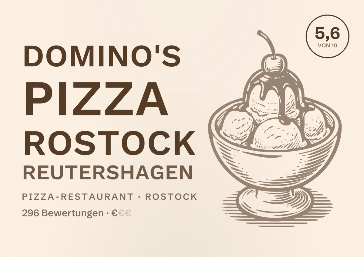 Illustriertes Poster von Domino's Pizza Rostock Reutershagen, Pizza-Restaurant in Rostock: Bewertung 5,6 von 10 aus 296 Bewertungen, Preisniveau €