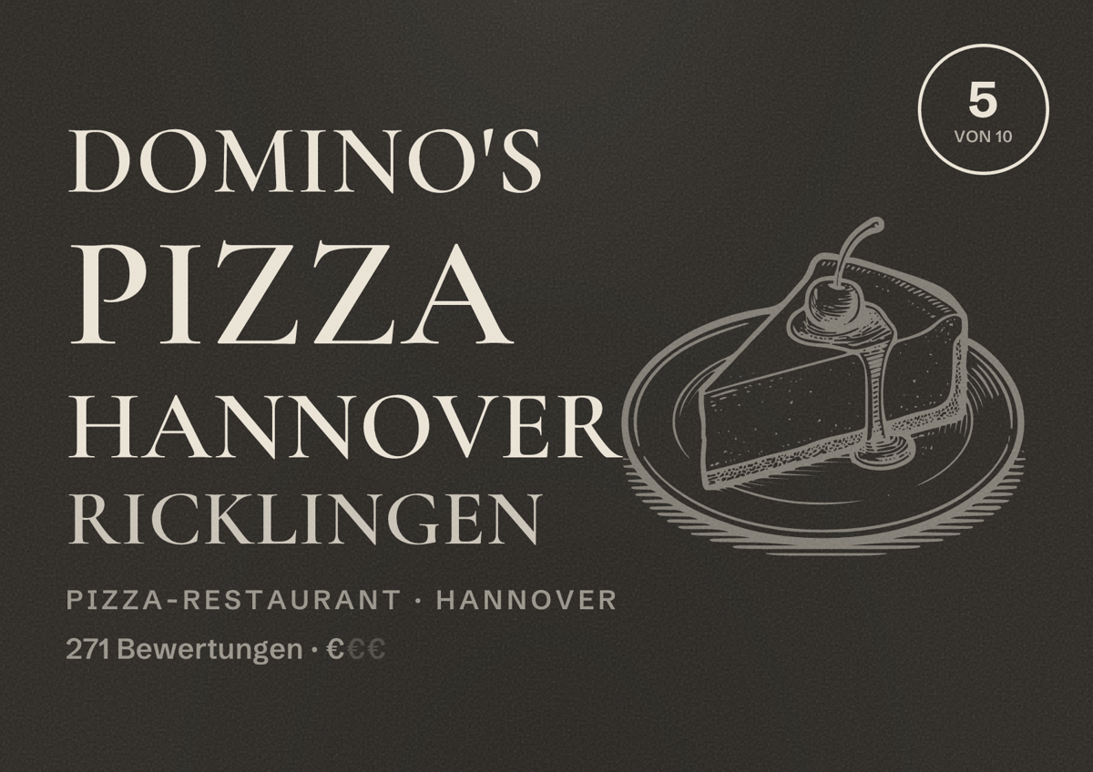Illustriertes Poster von Domino's Pizza Hannover Ricklingen, Pizza-Restaurant in Hannover: Bewertung 5 von 10 aus 271 Bewertungen, Preisniveau €