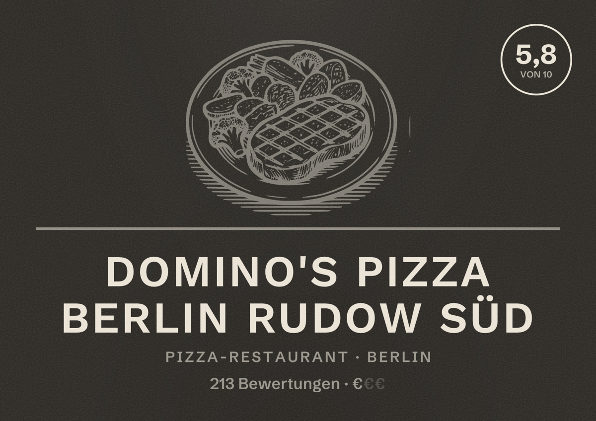 Illustriertes Poster von Domino's Pizza Berlin Rudow Süd, Pizza-Restaurant in Berlin: Bewertung 5,8 von 10 aus 213 Bewertungen, Preisniveau €